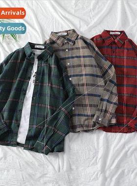 Plaid shirt men and women long-sleeved couple ulzzang Haraju