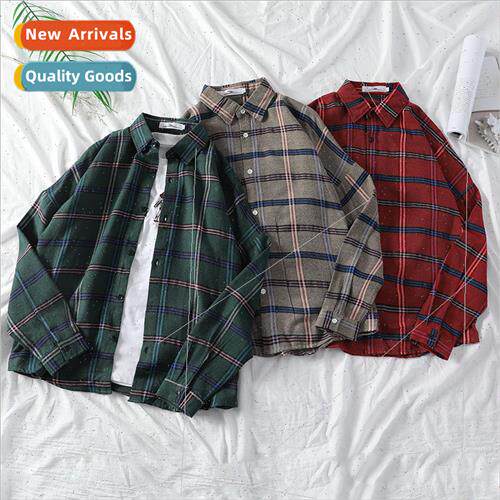 Plaid shirt men and women long-sleeved couple ulzzang Haraju
