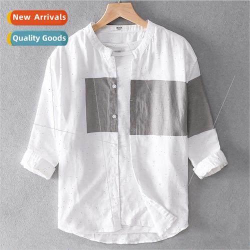 Colorblocking personalized seven-point medium-sleeved linen