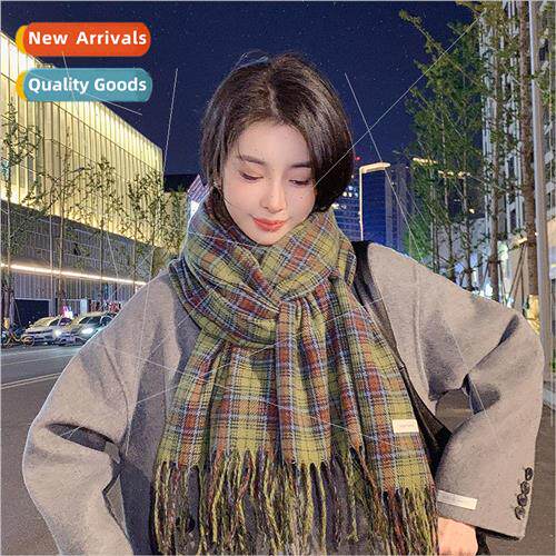 Retro green plaid scarf autumn and winter travel versatile s