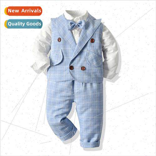 Childrens spring England plaid vest long-sleeved lapel cotto