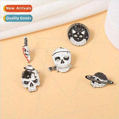 Skull Brooch Black Cat Head Scary Dark Knife Metal Plating B