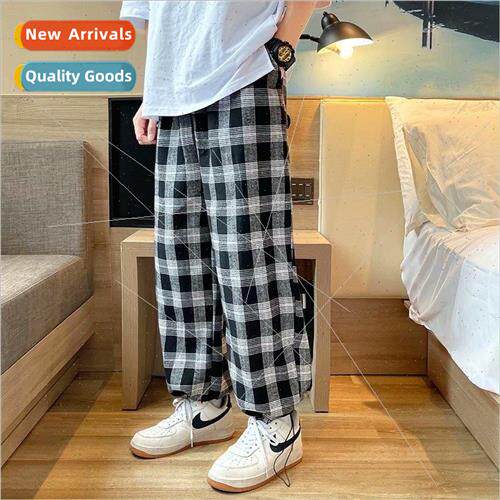 Summer Korean nd wide-legged plaid pants high set boy wear i