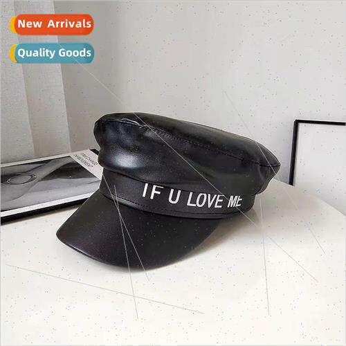 Black octagonal cap British retro PU leather fall and winter