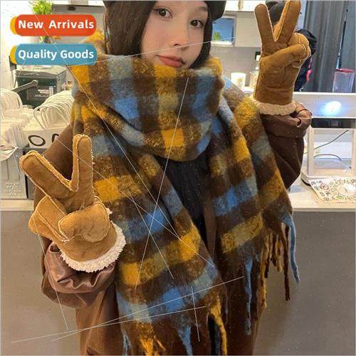 Plaid knitted scarf female winter AC new circle yarn retro w