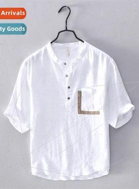 Japanese stand-up collar linen short-sleeved shirt mens summ