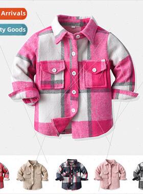 Childrens plaid lapel long-sleeved blouse spring and fall si