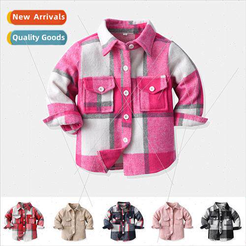 Childrens plaid lapel long-sleeved blouse spring and fall si