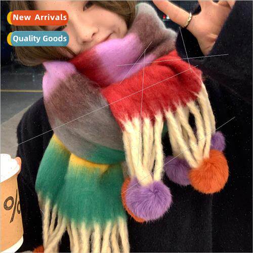 Dopamine colorful stripes handmade wool ball warm scarf fema