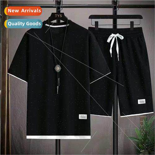 2023 waffle short-sleeved t-shirt mens summer false two piec