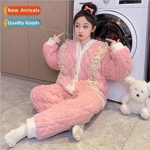 Girls pajamas winter three-layer laminated cotton children c
