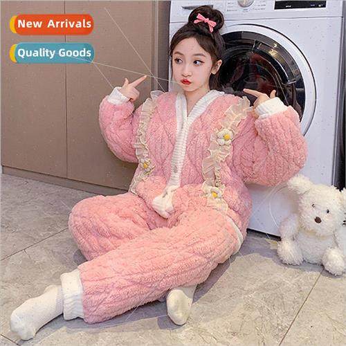 Girls pajamas winter three-layer laminated cotton children c