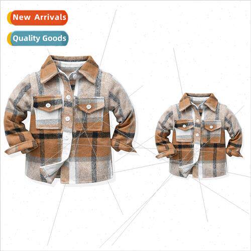 Autumn plaid lapel long-sleeved brushed jacket parent-child