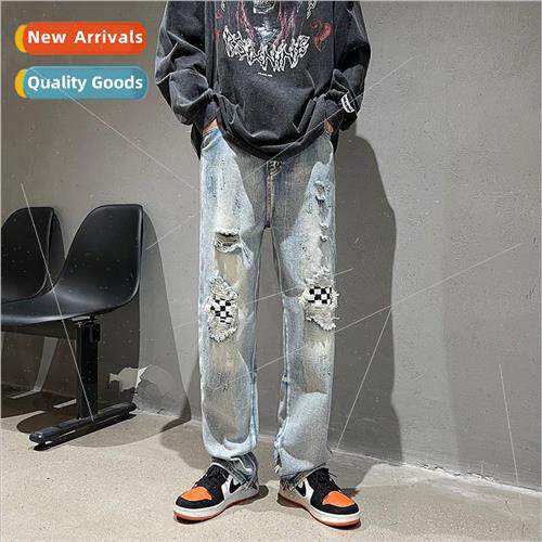 High set hole patch washed old open jeans men ins hip-hop lo