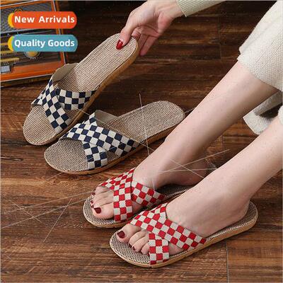 New checkerboard cross linen slippers female summer indoor h