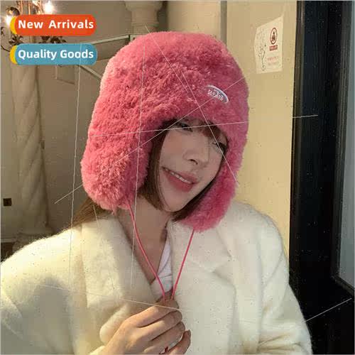 Ins blogger pink plush thunderbolt hat winter warm cold prot