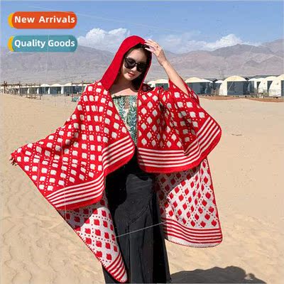Autumn and winter new rhombic lattice dual-use cape shawl th