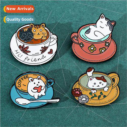 Creative cartoon new cute cat coffee cup alloy brooch cat bu