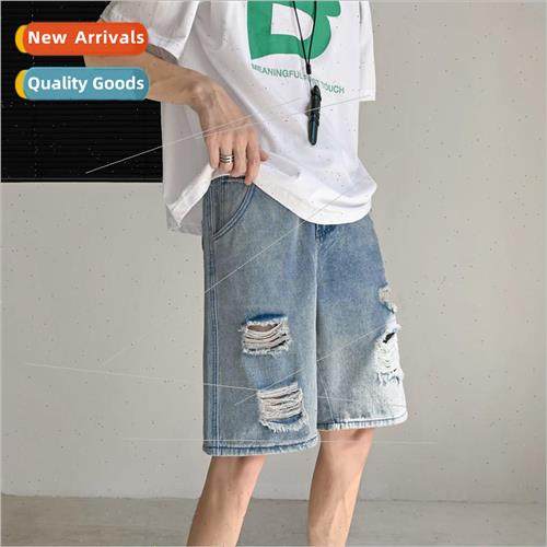 Retro broken hole denim shorts men loose summer hundred ins