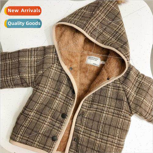 2023 new fall and winter girls plaid fur ball tops childrens