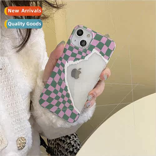 Korean wind ins twisted pink green plaid 适用 Apple 14 phone