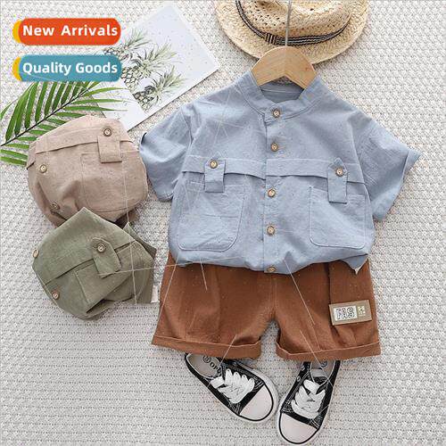 Two pockets retro shirt childrens short-sleeved suit 2023 ne