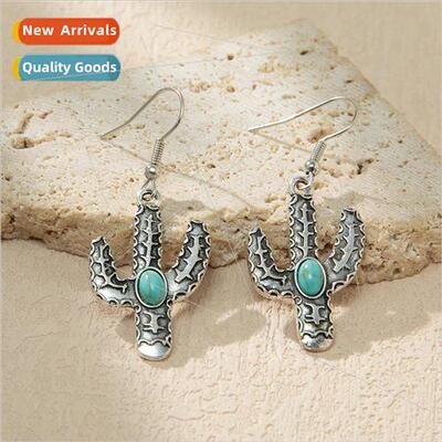 Geun  retro carving pattern cactus turquoise earrings female