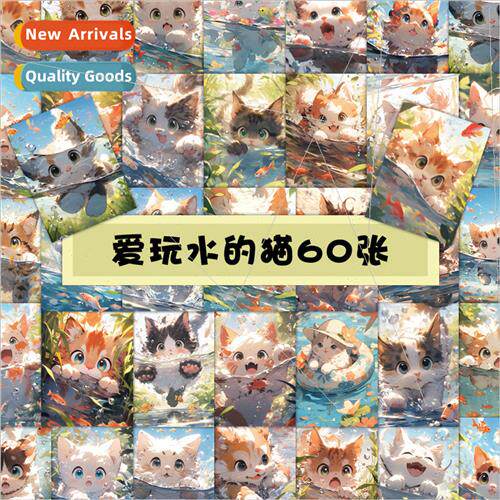 60 love water cat stickers cartoon swimming cute kitten squa