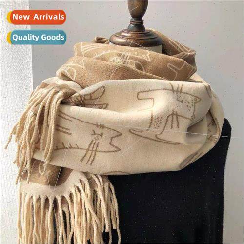 New thick section tassel scarf female cat printed faux cashm