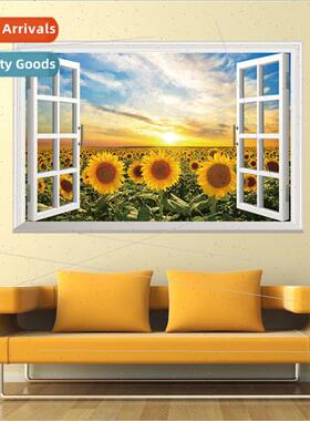 New wall stickers fake windows sunrise sunflower home backgr