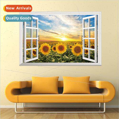 New wall stickers fake windows sunrise sunflower home backgr