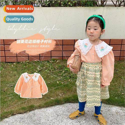 Korean girls shirt lace embroidery collar plaid childrens sh