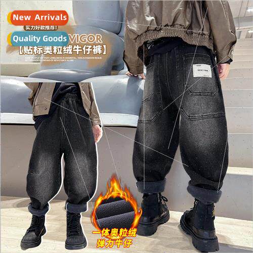 Boys padded pants 2023 new one-piece fleece jeans fall and w
