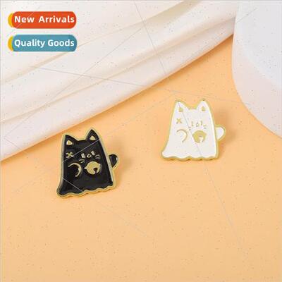 Two Color Ghost Black White Cat Metal Badge Cute Critter Sca