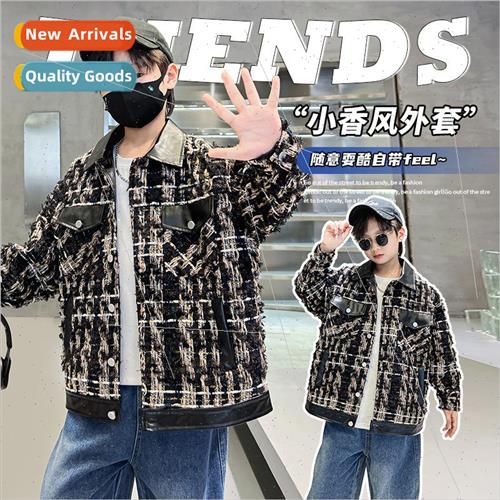 Boys fall tweed jacket spring and autumn  2023 new childrens