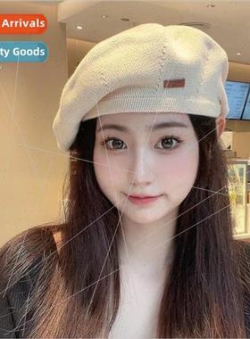 Knitted beret autumn hat with obvious face small octagonal c