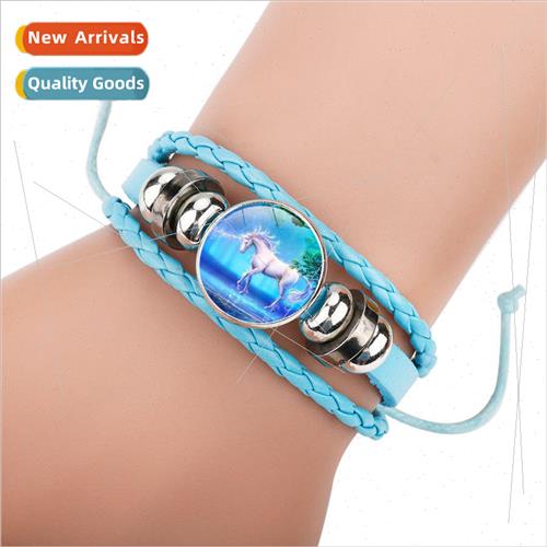Blue Unicorn Time Gemstone Cowhide Bracelet Colorful Cartoon