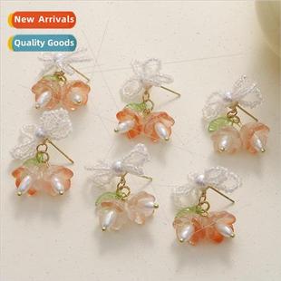 peach jade earrings fairy diy bow pearl orchid Ancient bell