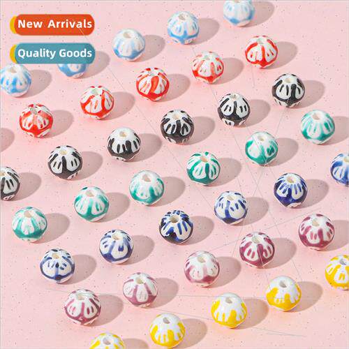 2pcs fun graffiti glaze ceramic striped large hole round bea