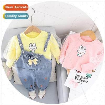 2023 Spring Girls Cute Bib Pants Set New Girls Mesh Sleeve B