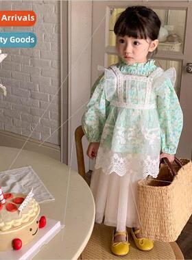 Korean childrens wear 2023 spring new girls floral shirt hal