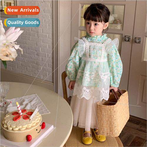 Korean childrens wear 2023 spring new girls floral shirt hal