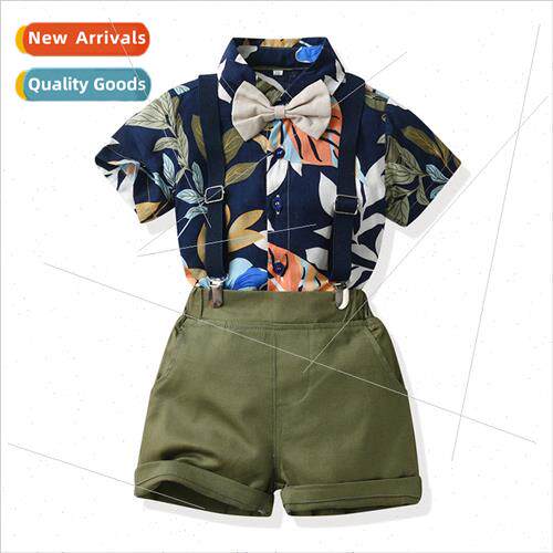 Childrens Flower Shirt Short Sleeve Bow Tie Shirt Back Short