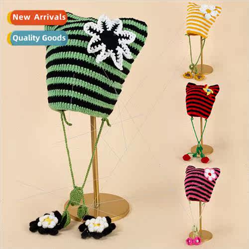 Japanese retro hollow flowers handmade knitted stripes femal