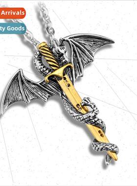 Hipster rock fashion pterodactyl gold sword mens alloy neckl