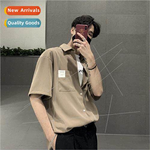 Striped shirt mens short-sleeved Korean loose summer black d