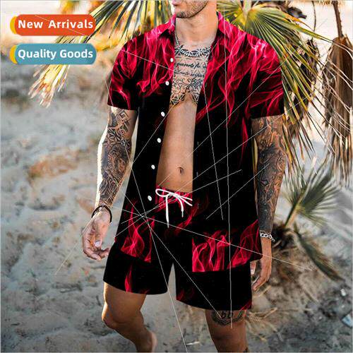 Mens Shirt Short Sleeve Top Shirt 3D Flame Effect Short Slee