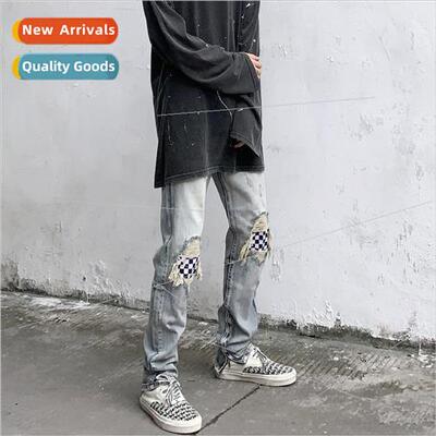 2021 spring and summer washed hole jeans patch plaid pants S