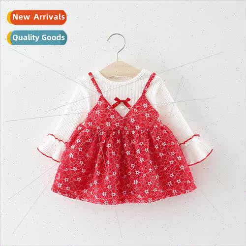 2018 Autumn Korean Girls Lace Small Flower Fake Two Piece Sk