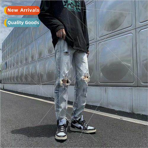 High set fall broken hole jeans American set washed Slim sma